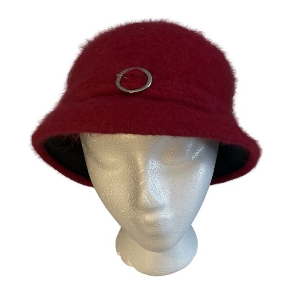 Vintage Ophelie Montreal Hat Red Angora Rabbit Fur Silver Buckle Bucket Hat - Picture 3 of 7